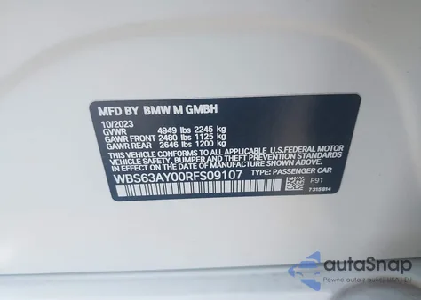 2024 BMW M3 Cs из США, поврежденный, VIN WBS63AY00RFS09107